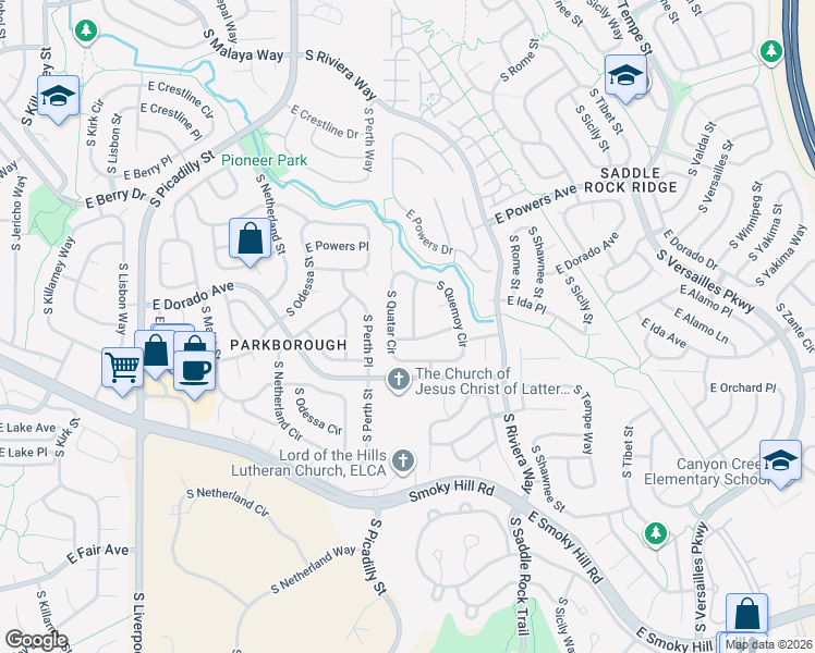 map of restaurants, bars, coffee shops, grocery stores, and more near 21725 East Alamo Lane in Centennial
