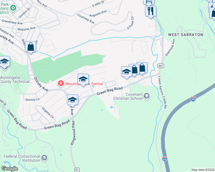 map of restaurants, bars, coffee shops, grocery stores, and more near 1102 Bailey Circle in Morgantown