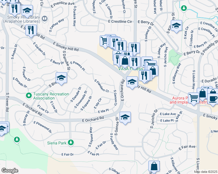 map of restaurants, bars, coffee shops, grocery stores, and more near 5768 South Flanders Court in Aurora