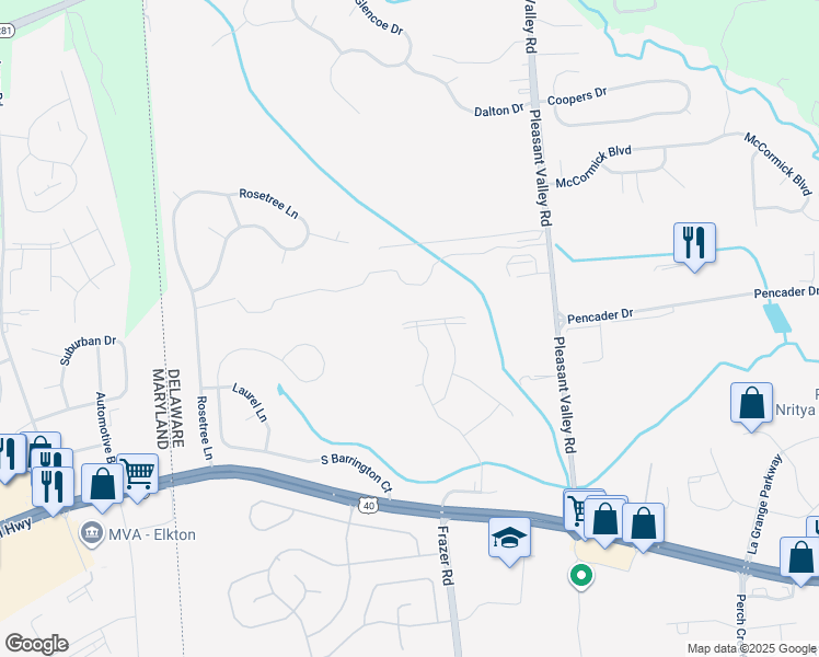 map of restaurants, bars, coffee shops, grocery stores, and more near 679 Mayfield Falls Drive in Newark