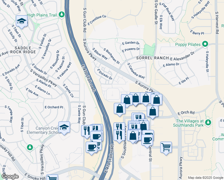 map of restaurants, bars, coffee shops, grocery stores, and more near 5810 South Southlands Parkway in Aurora
