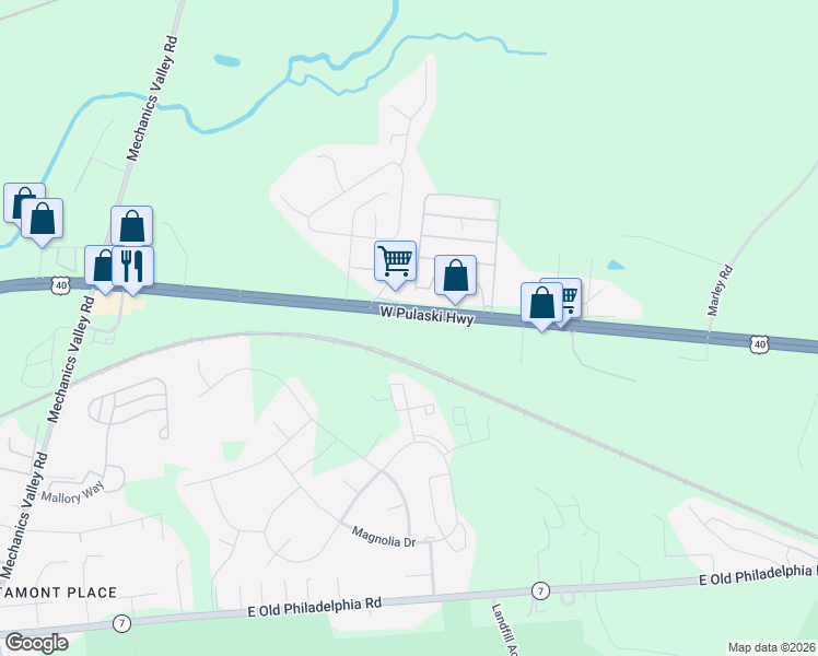 map of restaurants, bars, coffee shops, grocery stores, and more near 1730 West Pulaski Highway in Elkton