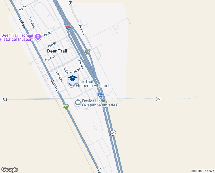map of restaurants, bars, coffee shops, grocery stores, and more near 215 7th Avenue in Deer Trail