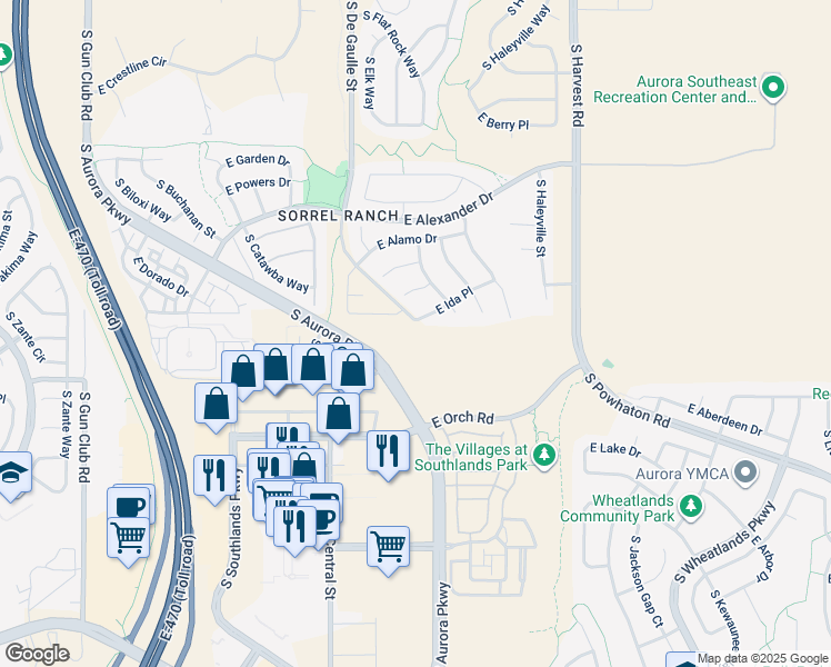 map of restaurants, bars, coffee shops, grocery stores, and more near S Aurora Pkwy in Aurora