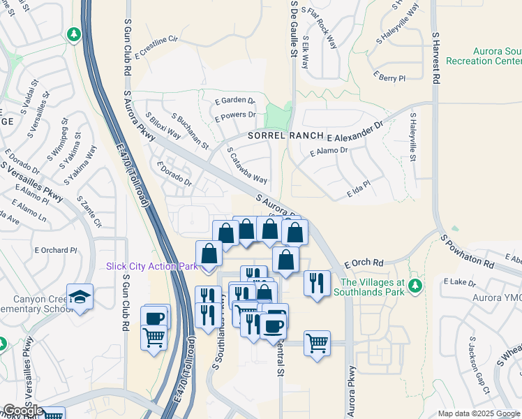map of restaurants, bars, coffee shops, grocery stores, and more near S Aurora Pkwy in Aurora