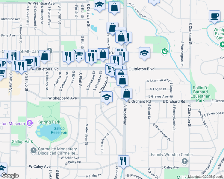 map of restaurants, bars, coffee shops, grocery stores, and more near 58 West Broadmoor Drive in Littleton
