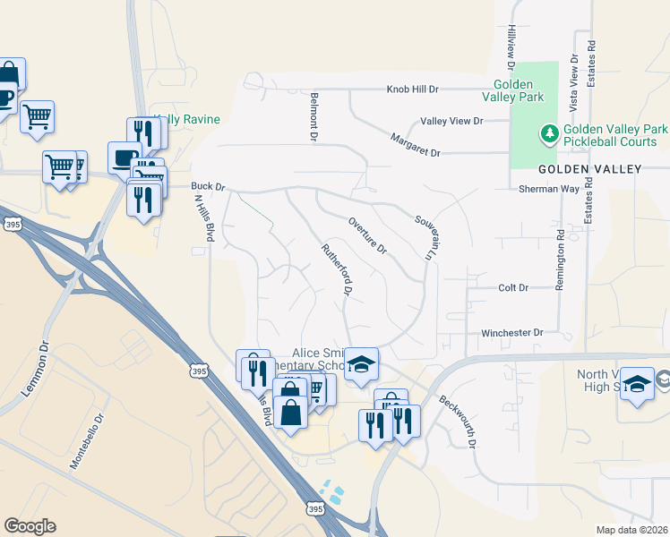 map of restaurants, bars, coffee shops, grocery stores, and more near 7172 Discovery Lane in Reno