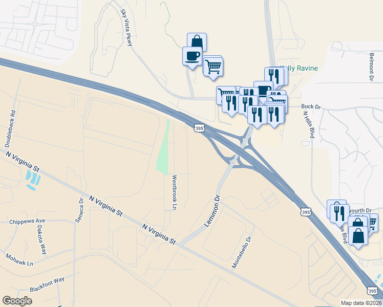 map of restaurants, bars, coffee shops, grocery stores, and more near 320 Medgar Avenue in Reno
