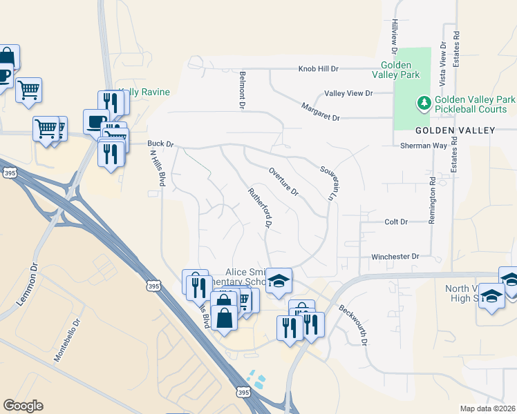 map of restaurants, bars, coffee shops, grocery stores, and more near 7180 Discovery Lane in Reno