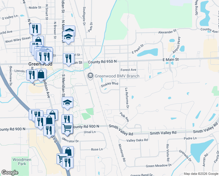 map of restaurants, bars, coffee shops, grocery stores, and more near 418 Polk Manor Drive in Greenwood