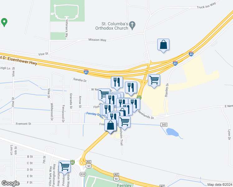 map of restaurants, bars, coffee shops, grocery stores, and more near 333 Jill Court in Fernley