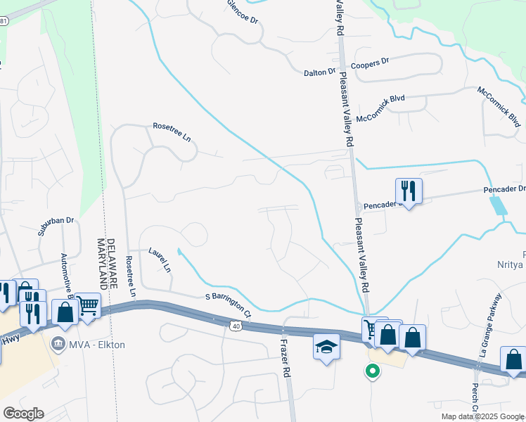 map of restaurants, bars, coffee shops, grocery stores, and more near 679 Mayfield Falls Drive in Newark