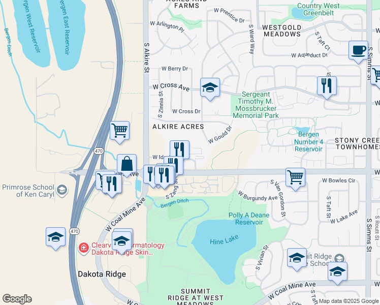 map of restaurants, bars, coffee shops, grocery stores, and more near 12850-12998 W Ida Ave in Littleton
