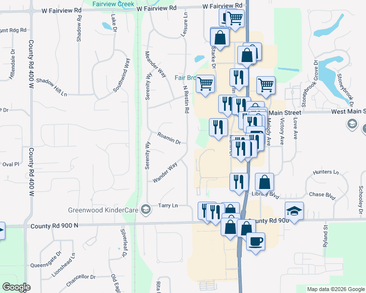 map of restaurants, bars, coffee shops, grocery stores, and more near 420 South Restin Road in Greenwood