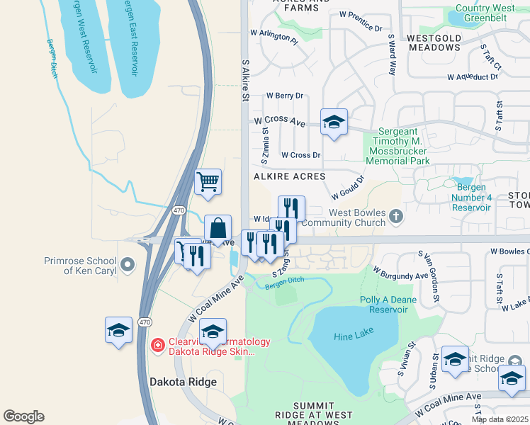 map of restaurants, bars, coffee shops, grocery stores, and more near 5815 South Zang Street in Littleton