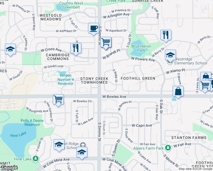 map of restaurants, bars, coffee shops, grocery stores, and more near 11455 West Patterson Place in Littleton
