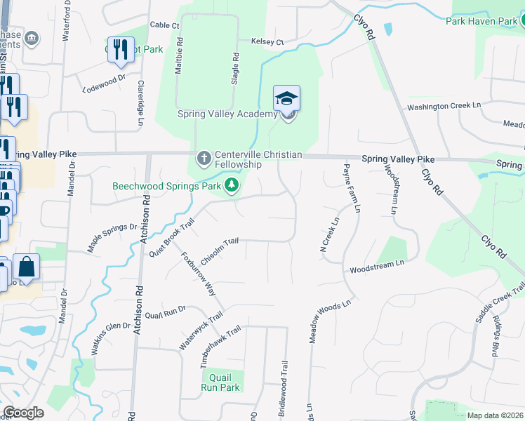 map of restaurants, bars, coffee shops, grocery stores, and more near 1400 Clear Springs Court in Dayton