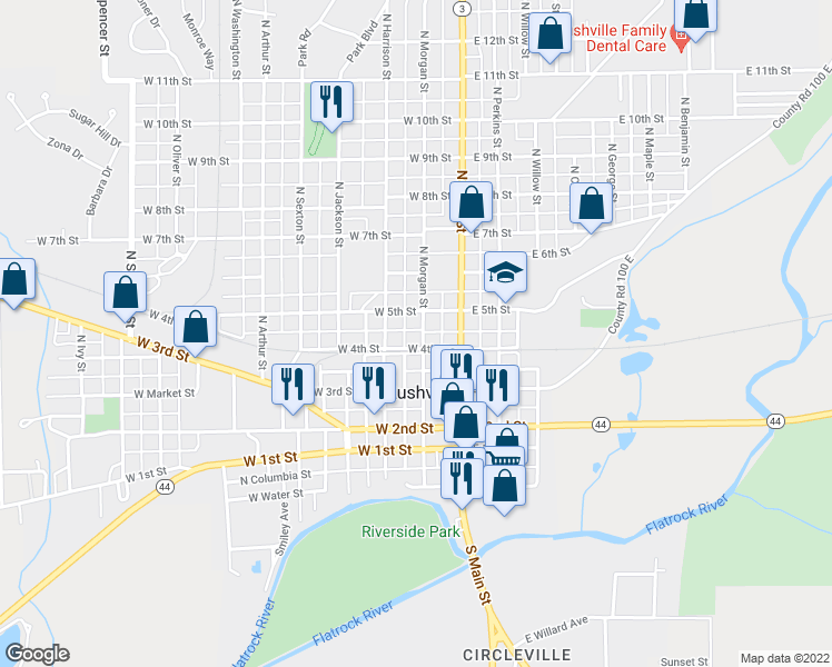 map of restaurants, bars, coffee shops, grocery stores, and more near 413 North Morgan Street in Rushville