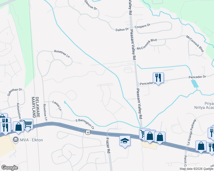 map of restaurants, bars, coffee shops, grocery stores, and more near 2273 Pleasant Valley Road in Newark