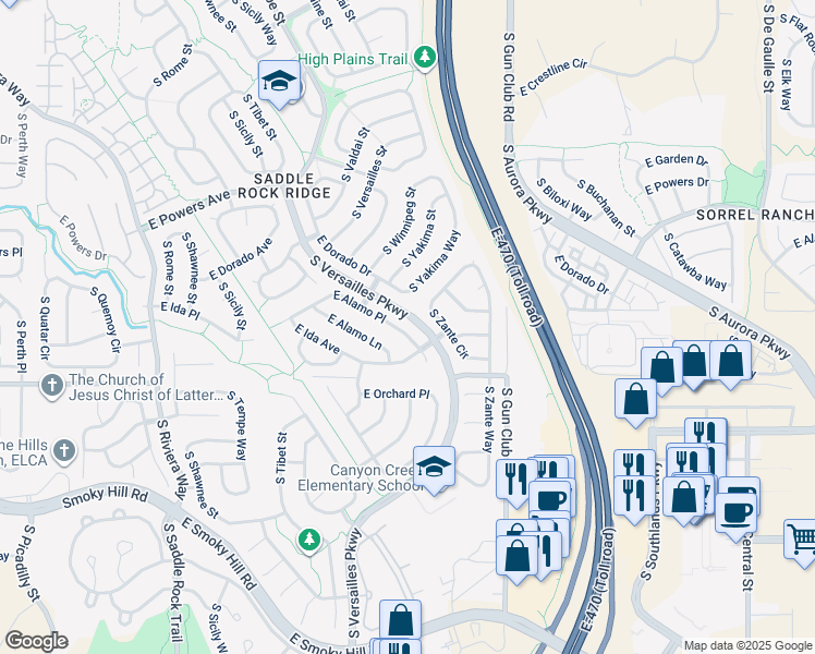 map of restaurants, bars, coffee shops, grocery stores, and more near 23072 East Alamo Place in Aurora
