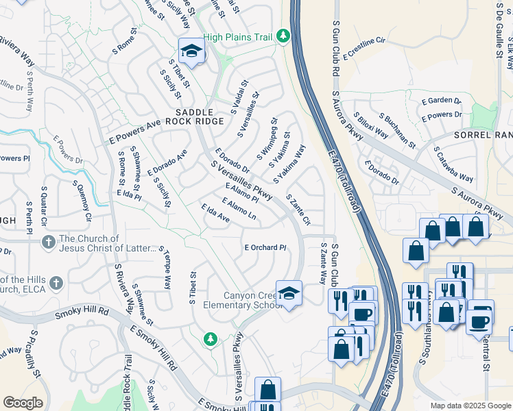 map of restaurants, bars, coffee shops, grocery stores, and more near 23072 East Alamo Place in Aurora