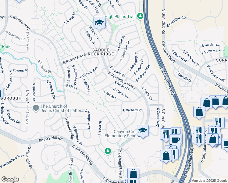 map of restaurants, bars, coffee shops, grocery stores, and more near 22638 East Ida Avenue in Aurora