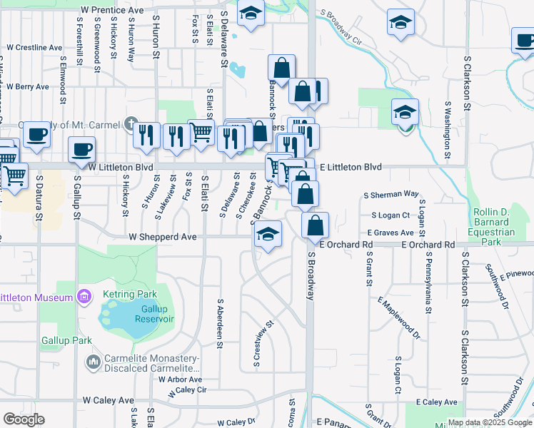 map of restaurants, bars, coffee shops, grocery stores, and more near 5826 South Bannock Street in Littleton
