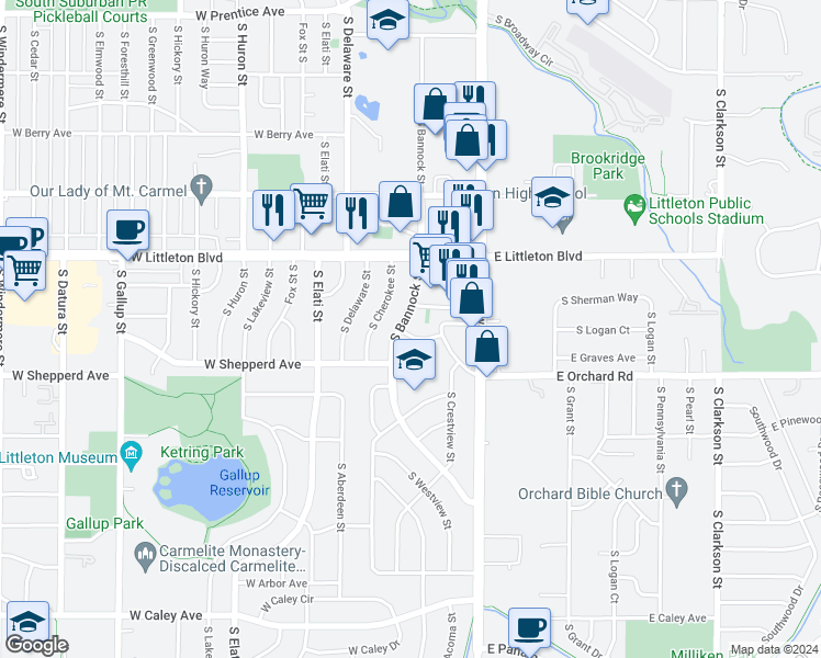 map of restaurants, bars, coffee shops, grocery stores, and more near 5826 South Bannock Street in Littleton