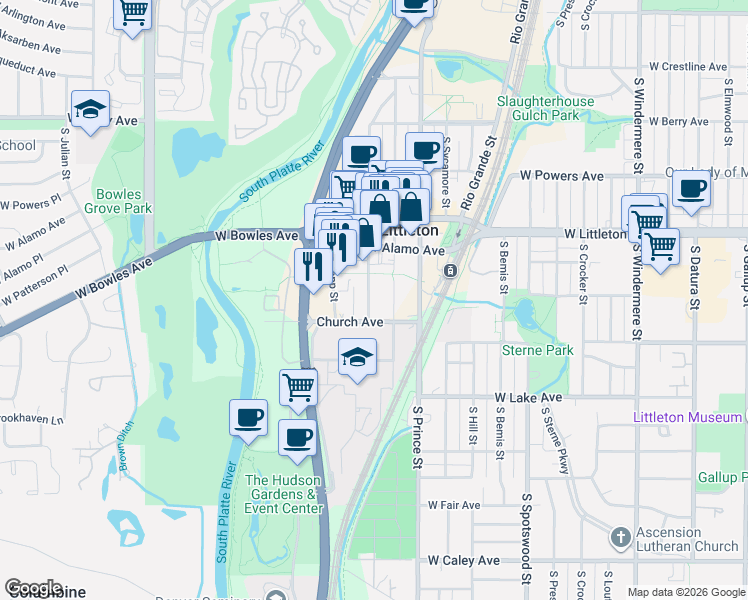 map of restaurants, bars, coffee shops, grocery stores, and more near 2530 Church Avenue in Littleton