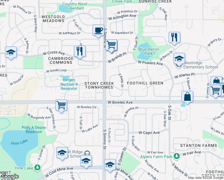 map of restaurants, bars, coffee shops, grocery stores, and more near 11455 West Patterson Place in Littleton