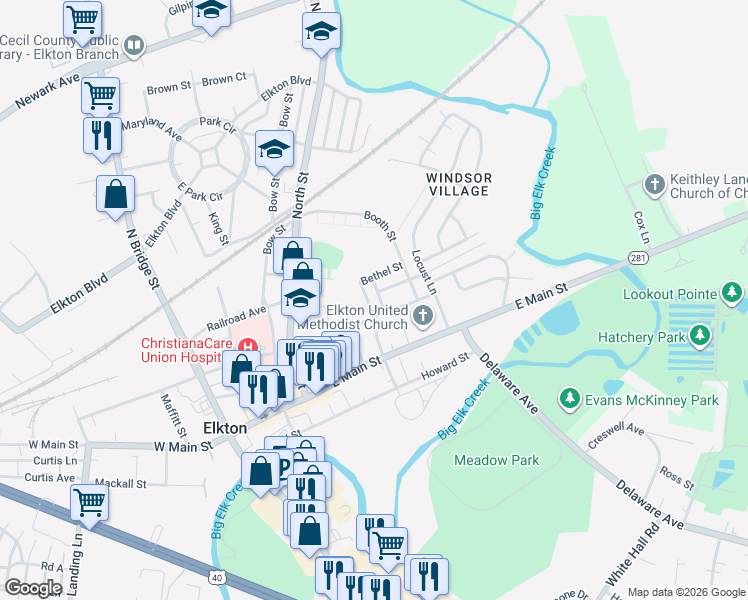 map of restaurants, bars, coffee shops, grocery stores, and more near 210 East High Street in Elkton