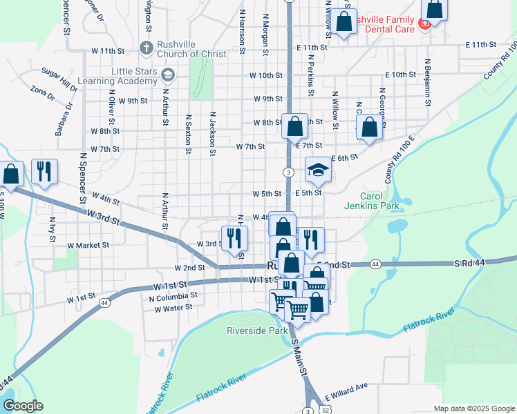 map of restaurants, bars, coffee shops, grocery stores, and more near 402 North Morgan Street in Rushville