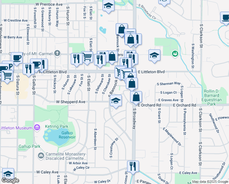 map of restaurants, bars, coffee shops, grocery stores, and more near 5826 South Bannock Street in Littleton