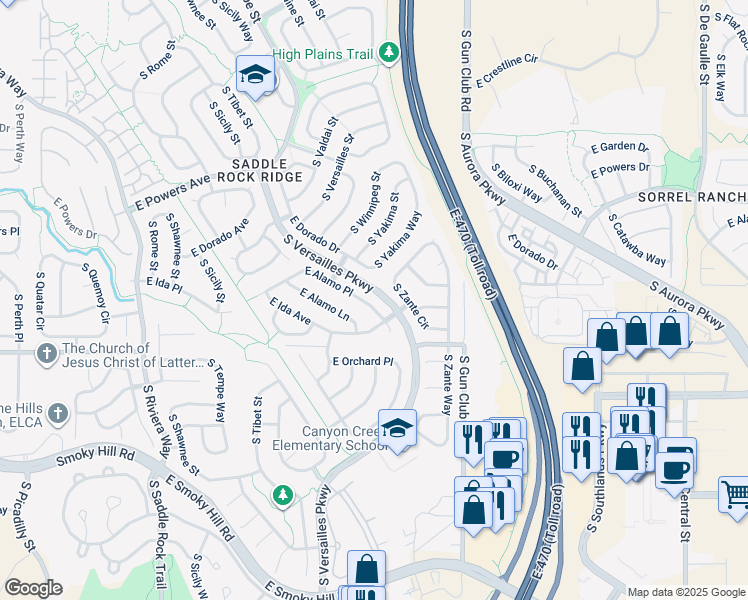map of restaurants, bars, coffee shops, grocery stores, and more near 23072 East Alamo Place in Aurora
