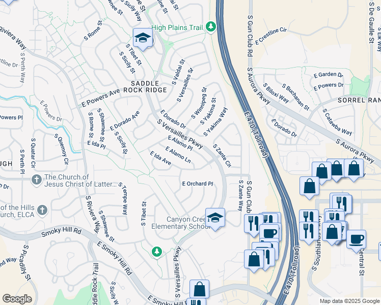 map of restaurants, bars, coffee shops, grocery stores, and more near 23072 East Alamo Place in Aurora