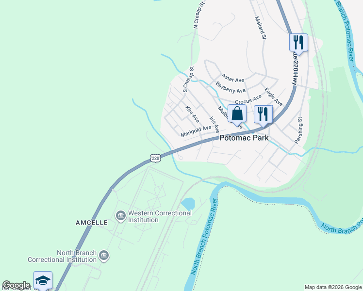 map of restaurants, bars, coffee shops, grocery stores, and more near 13521 McMullen Highway Southwest in Cumberland
