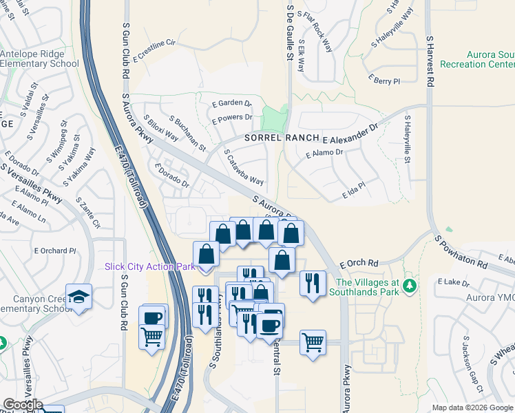 map of restaurants, bars, coffee shops, grocery stores, and more near S Aurora Pkwy in Aurora