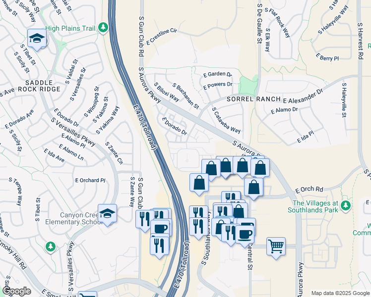 map of restaurants, bars, coffee shops, grocery stores, and more near E-470 in Aurora