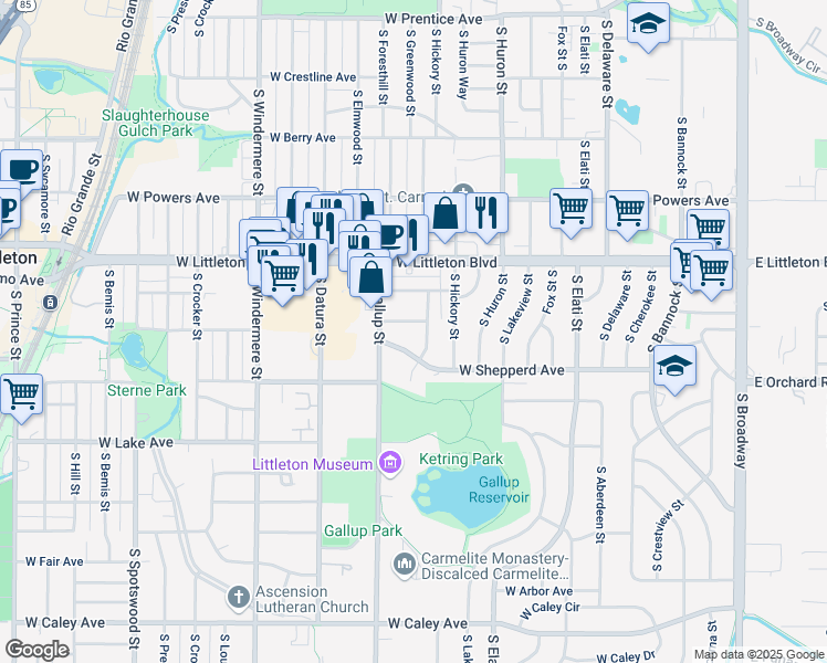 map of restaurants, bars, coffee shops, grocery stores, and more near 1164 West Shepperd Avenue in Littleton
