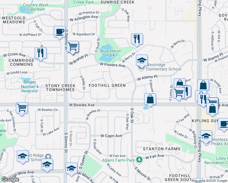 map of restaurants, bars, coffee shops, grocery stores, and more near 10983 West Patterson Place in Littleton