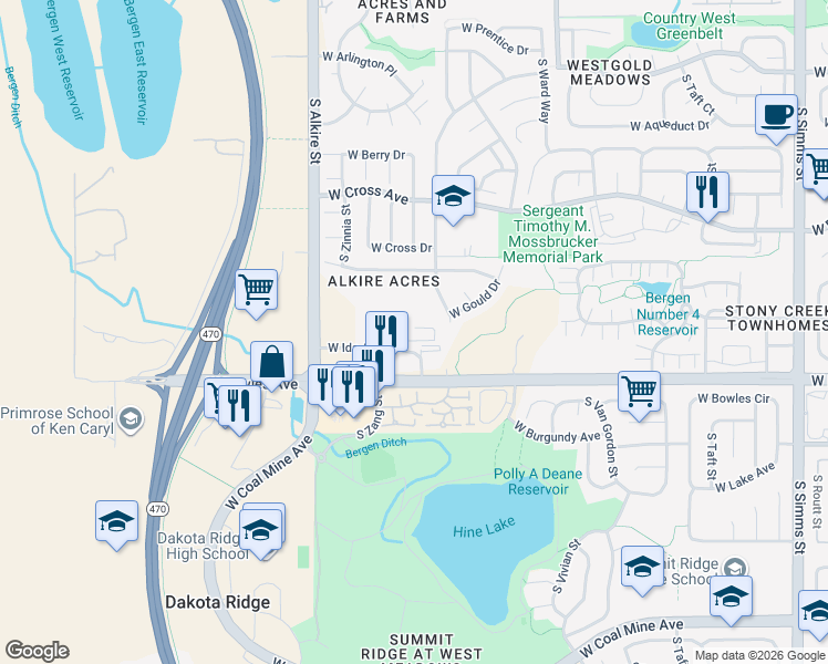 map of restaurants, bars, coffee shops, grocery stores, and more near 12850-12998 W Ida Ave in Littleton