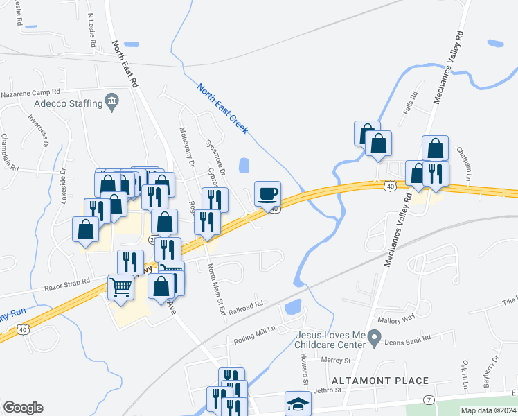 map of restaurants, bars, coffee shops, grocery stores, and more near 2256 Pulaski Highway in North East