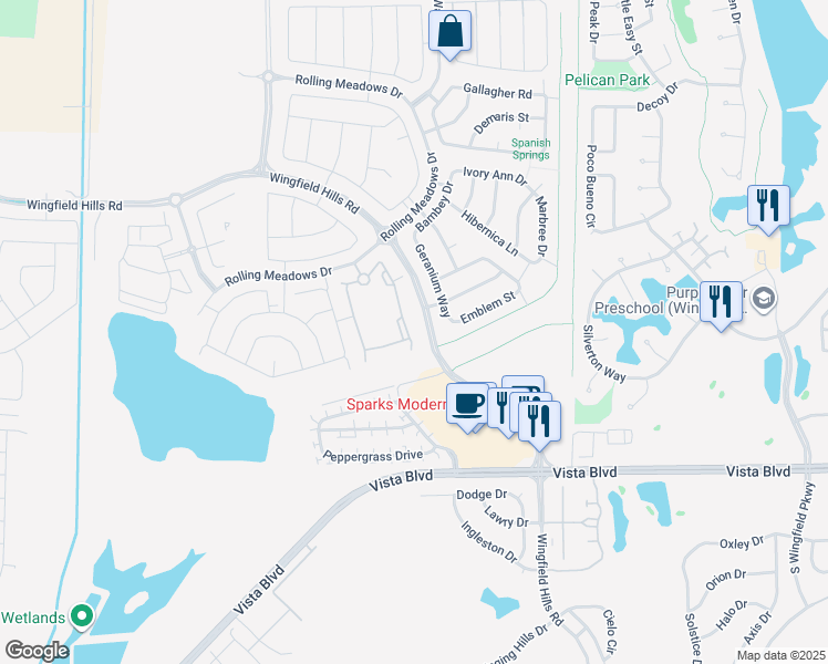 map of restaurants, bars, coffee shops, grocery stores, and more near 6717 Rolling Meadows Drive in Sparks