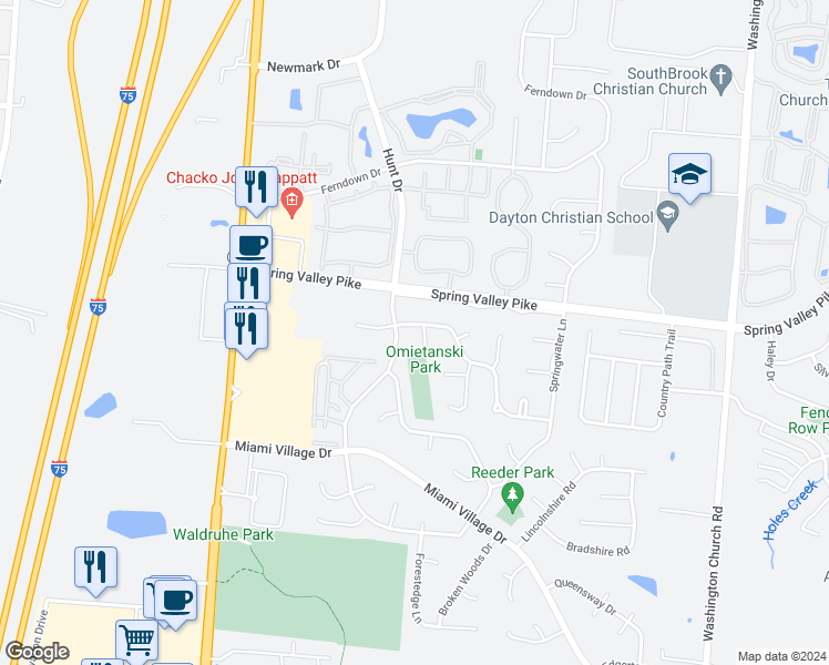 map of restaurants, bars, coffee shops, grocery stores, and more near 2468 Cross Village Drive in Miamisburg