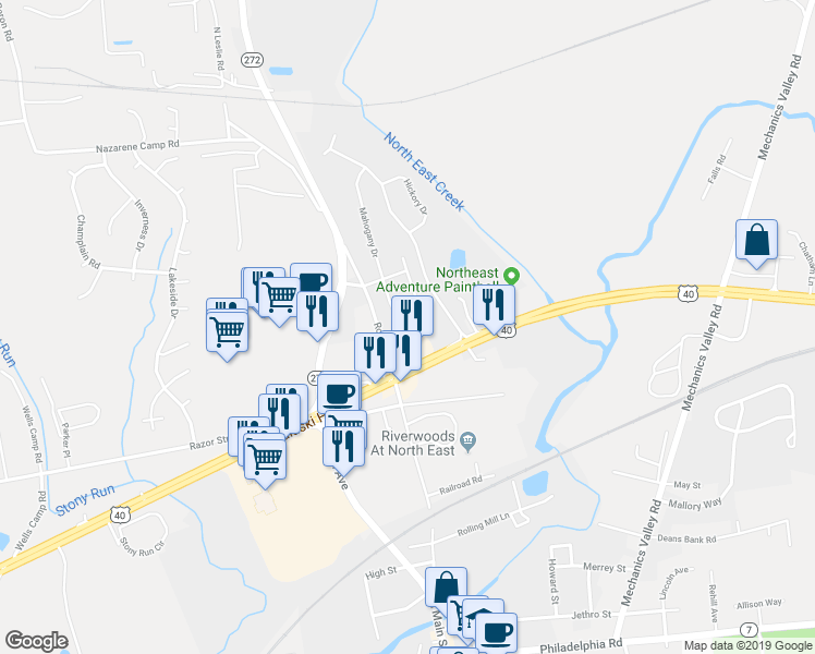 map of restaurants, bars, coffee shops, grocery stores, and more near 10 Mahogany Drive in North East