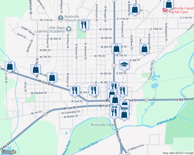 map of restaurants, bars, coffee shops, grocery stores, and more near 404 North Harrison Street in Rushville
