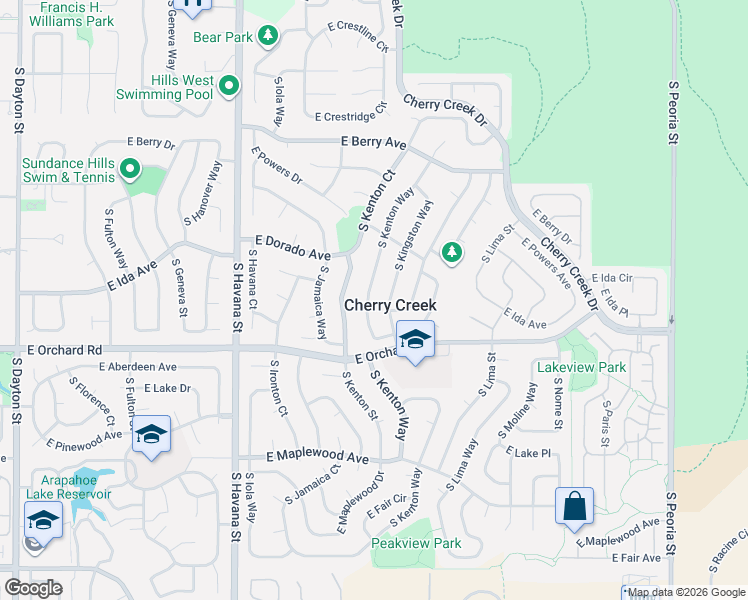 map of restaurants, bars, coffee shops, grocery stores, and more near 5810 South Kenton Way in Englewood