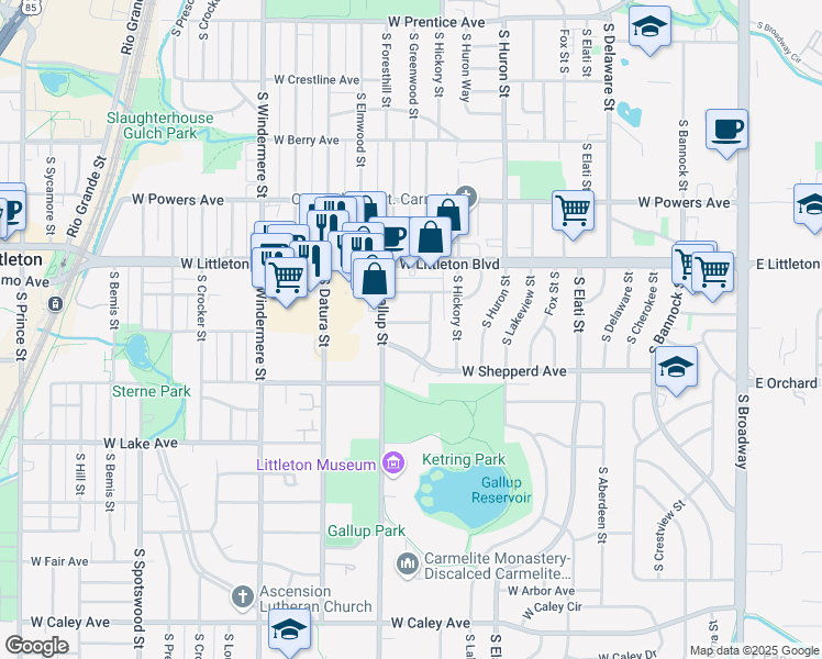 map of restaurants, bars, coffee shops, grocery stores, and more near 1164 West Shepperd Avenue in Littleton