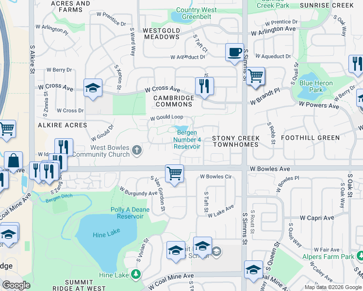 map of restaurants, bars, coffee shops, grocery stores, and more near 12146 West Ida Drive in Littleton
