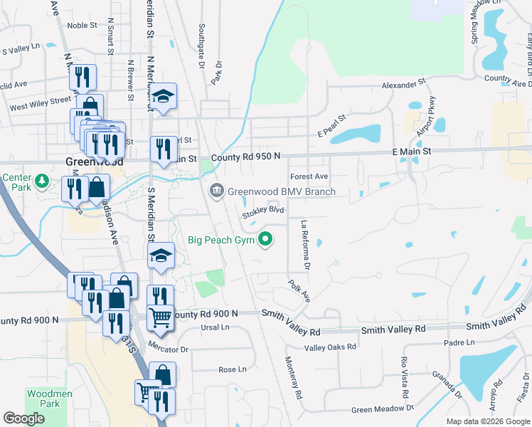 map of restaurants, bars, coffee shops, grocery stores, and more near 418 Polk Manor Drive in Greenwood